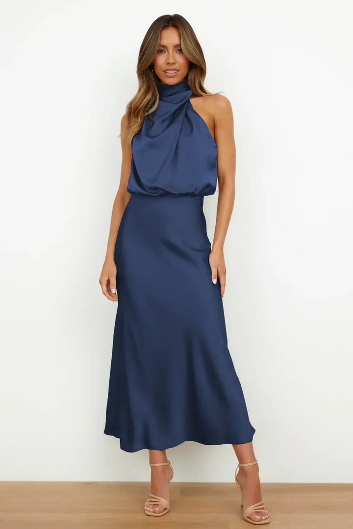 Women's halter evening dress featuring a flowing silhouette, perfect for summer cocktail parties and formal events. 9