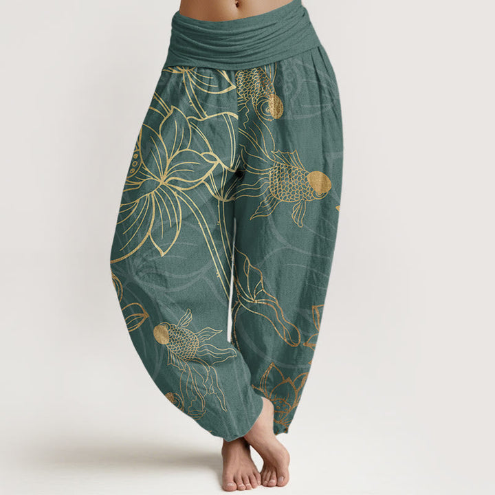 Women's harem pants featuring a vibrant koi fish and lotus design, made from eco-friendly cotton, with an elastic waistband for a comfortable loose fit in a 0