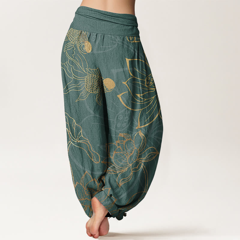 Women's harem pants featuring a vibrant koi fish and lotus design, made from eco-friendly cotton, with an elastic waistband for a comfortable loose fit in a 1
