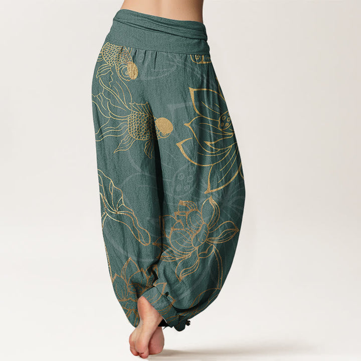 Women's harem pants featuring a vibrant koi fish and lotus design, made from eco-friendly cotton, with an elastic waistband for a comfortable loose fit in a 1