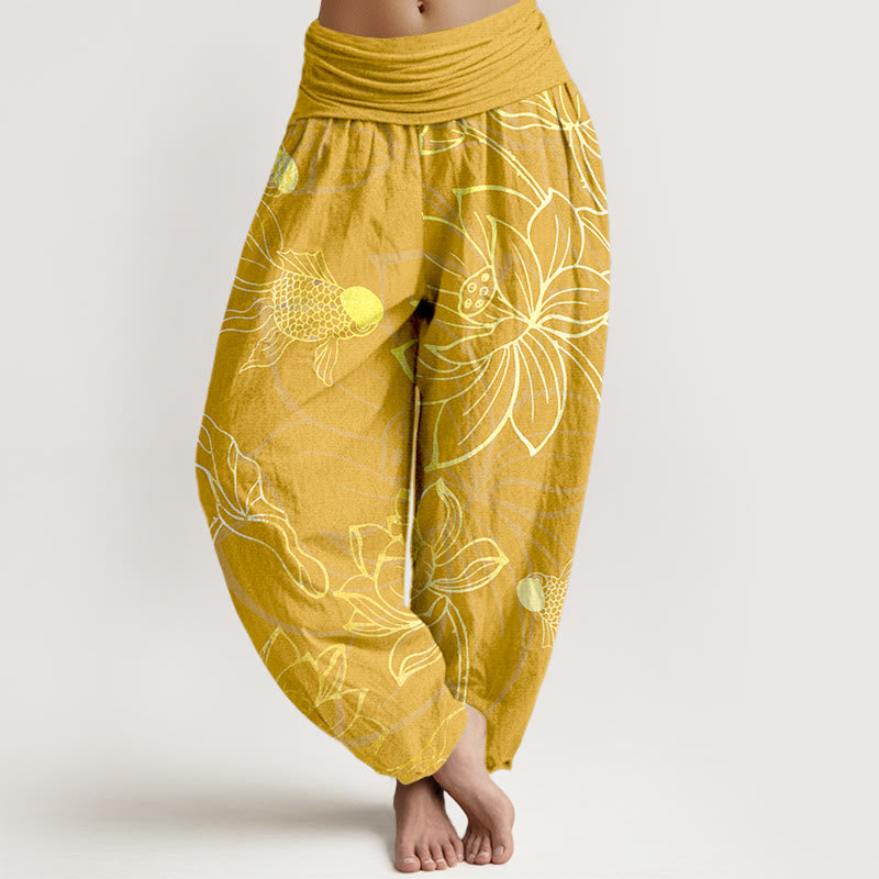 Women's harem pants featuring a vibrant koi fish and lotus design, made from eco-friendly cotton, with an elastic waistband for a comfortable loose fit in a 10