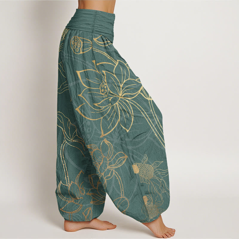 Women's harem pants featuring a vibrant koi fish and lotus design, made from eco-friendly cotton, with an elastic waistband for a comfortable loose fit in a 2