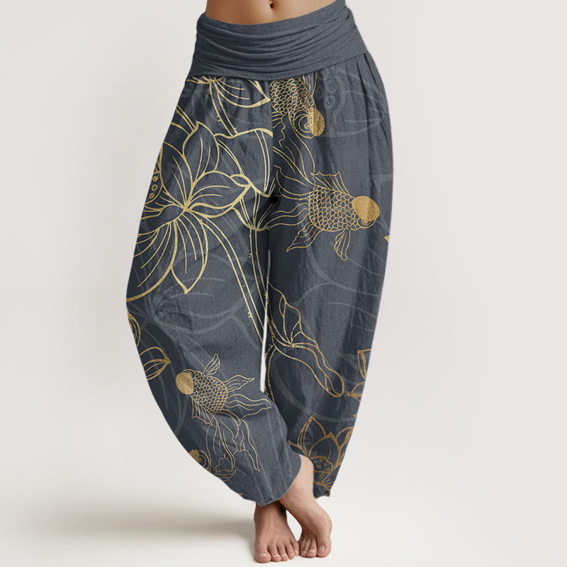 Women's harem pants featuring a vibrant koi fish and lotus design, made from eco-friendly cotton, with an elastic waistband for a comfortable loose fit in a 5