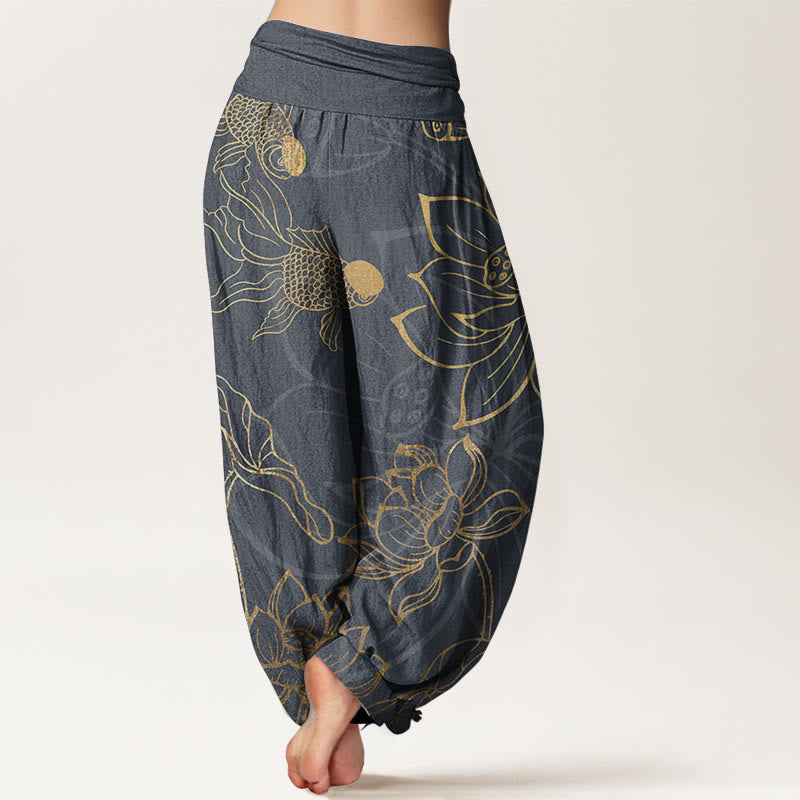 Women's harem pants featuring a vibrant koi fish and lotus design, made from eco-friendly cotton, with an elastic waistband for a comfortable loose fit in a 6