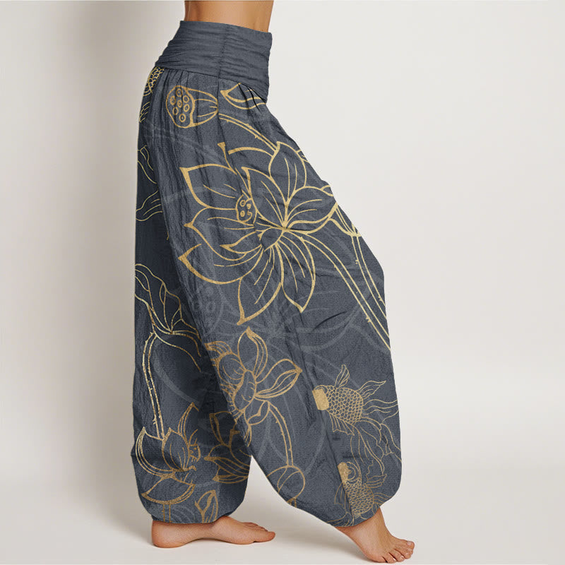 Women's harem pants featuring a vibrant koi fish and lotus design, made from eco-friendly cotton, with an elastic waistband for a comfortable loose fit in a 7