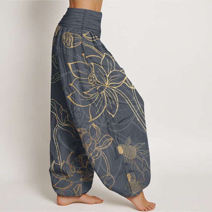Women's harem pants featuring a vibrant koi fish and lotus design, made from eco-friendly cotton, with an elastic waistband for a comfortable loose fit in a 7