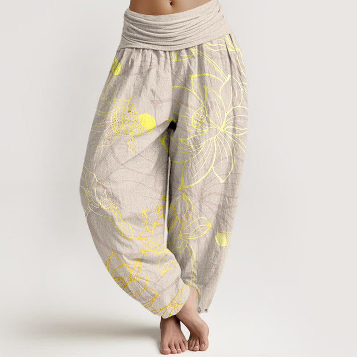 Women's harem pants featuring a vibrant koi fish and lotus design, made from eco-friendly cotton, with an elastic waistband for a comfortable loose fit in a 8