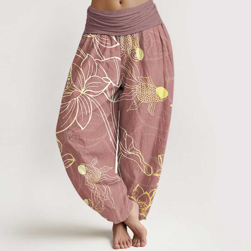 Women's harem pants featuring a vibrant koi fish and lotus design, made from eco-friendly cotton, with an elastic waistband for a comfortable loose fit in a 9