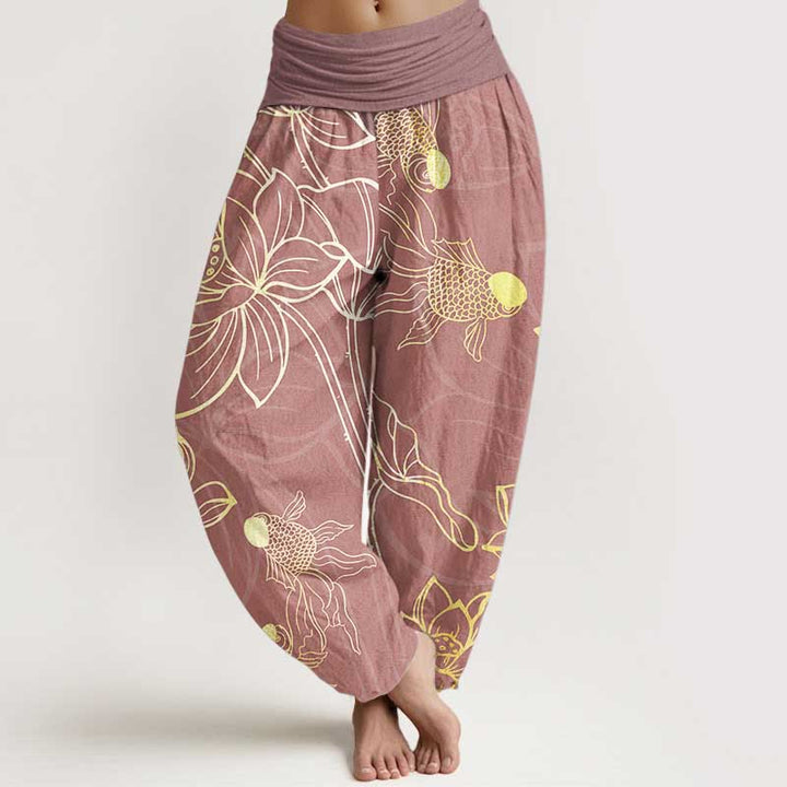 Women's harem pants featuring a vibrant koi fish and lotus design, made from eco-friendly cotton, with an elastic waistband for a comfortable loose fit in a 9