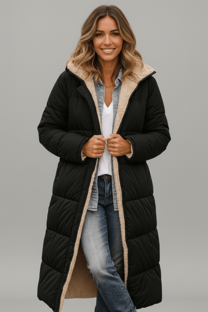 Women's hooded longline puffer coat featuring a soft fleece lining, designed for lightweight warmth and casual winter wear. 0