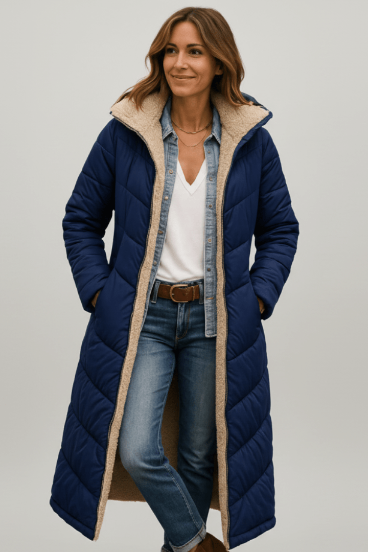 Women's hooded longline puffer coat featuring a soft fleece lining, designed for lightweight warmth and casual winter wear. 4