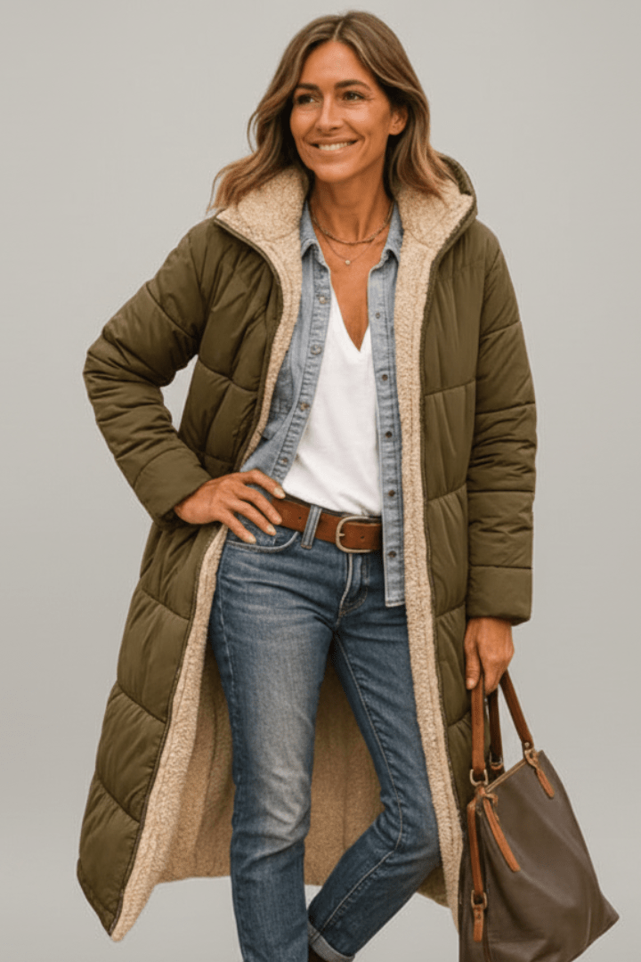 Women's hooded longline puffer coat featuring a soft fleece lining, designed for lightweight warmth and casual winter wear. 6