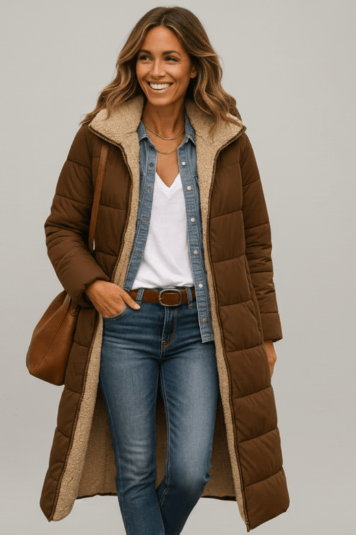 Women's hooded longline puffer coat featuring a soft fleece lining, designed for lightweight warmth and casual winter wear. 8