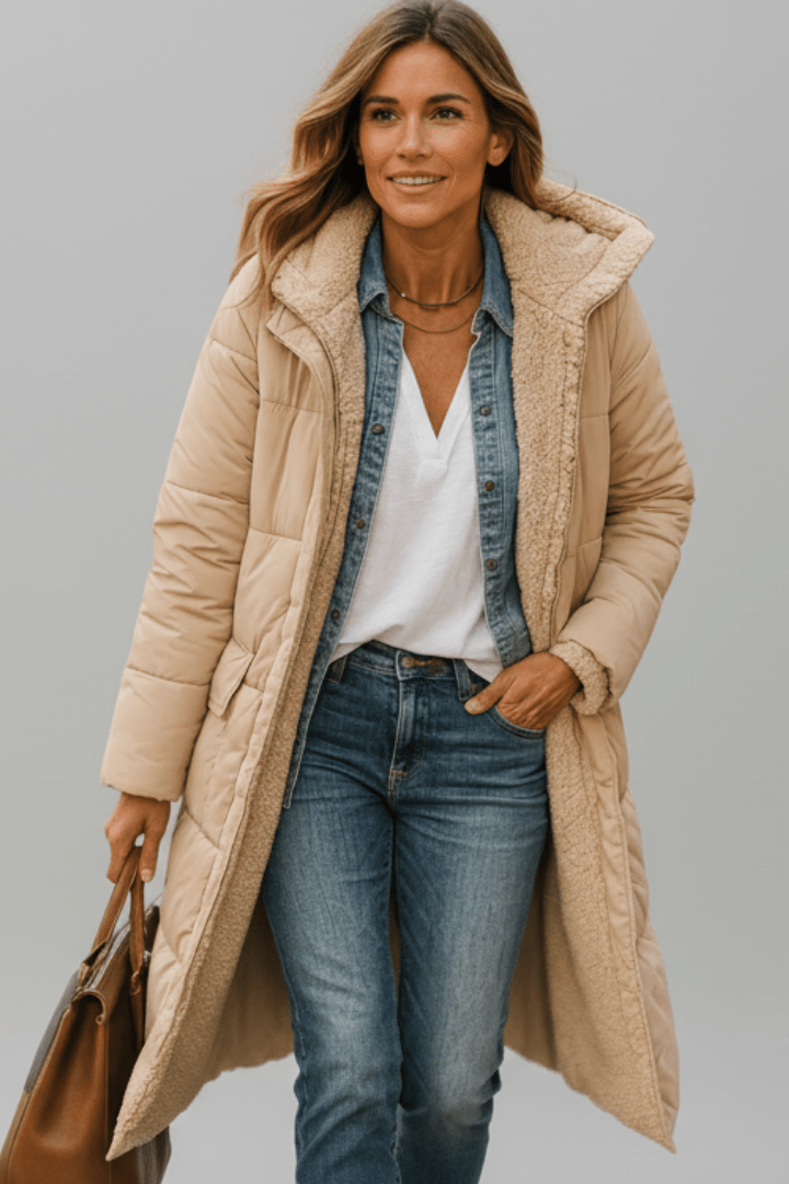 Women's hooded longline puffer coat featuring a soft fleece lining, designed for lightweight warmth and casual winter wear. 9