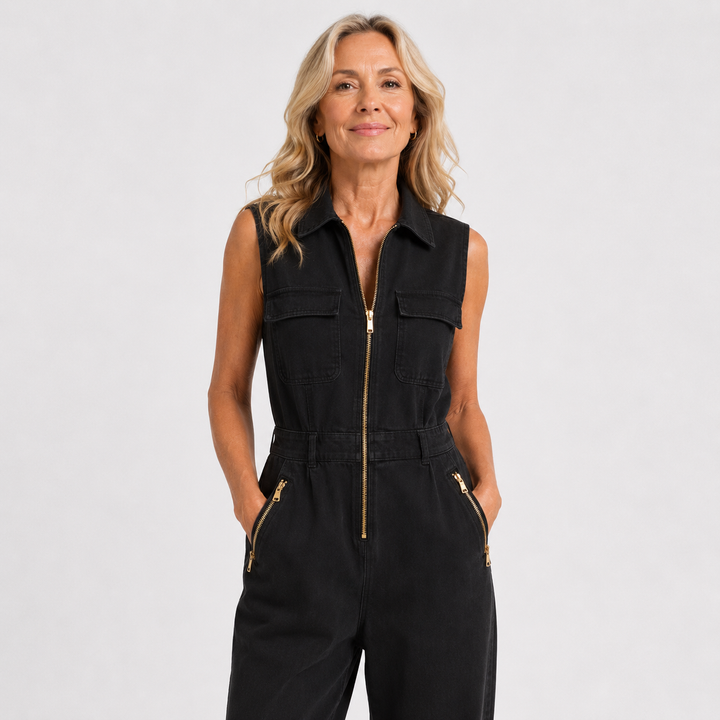 Women's sleeveless utility jumpsuit featuring a stylish gold zip and tapered leg design, designed for a relaxed fit, perfect for casual outings or stylish events. 0