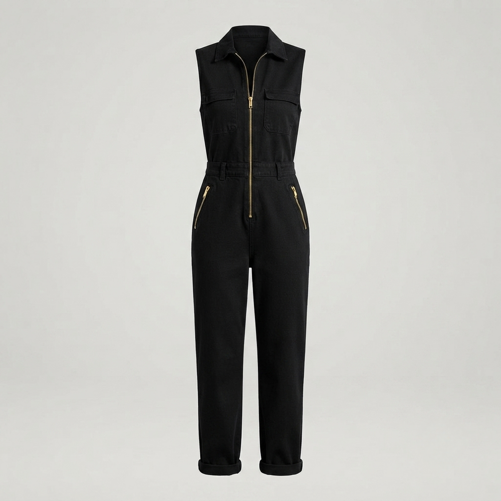 Women's sleeveless utility jumpsuit featuring a stylish gold zip and tapered leg design, designed for a relaxed fit, perfect for casual outings or stylish events. 1