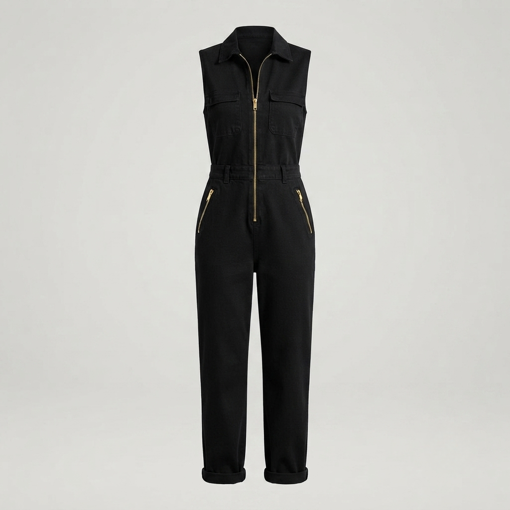 Women's sleeveless utility jumpsuit featuring a stylish gold zip and tapered leg design, designed for a relaxed fit, perfect for casual outings or stylish events. 1