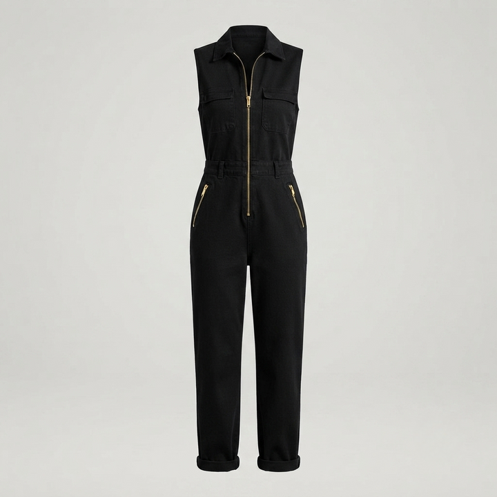 Women's sleeveless utility jumpsuit featuring a stylish gold zip and tapered leg design, designed for a relaxed fit, perfect for casual outings or stylish events. 1