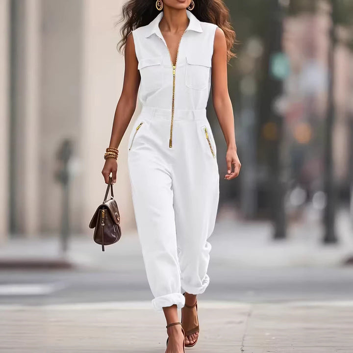Women's sleeveless utility jumpsuit featuring a stylish gold zip and tapered leg design, designed for a relaxed fit, perfect for casual outings or stylish events. 5