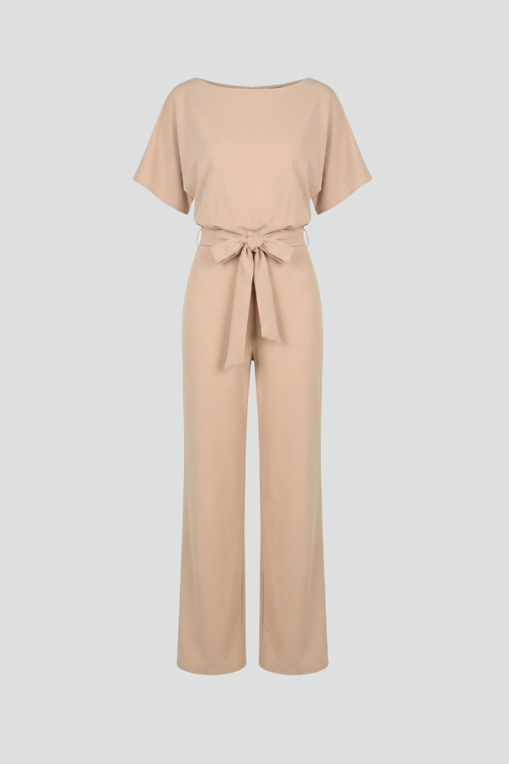 Women's black jumpsuit featuring short sleeves, a round neck, a stylish tie waist, and wide legs, perfect for casual or dressy occasions. 1