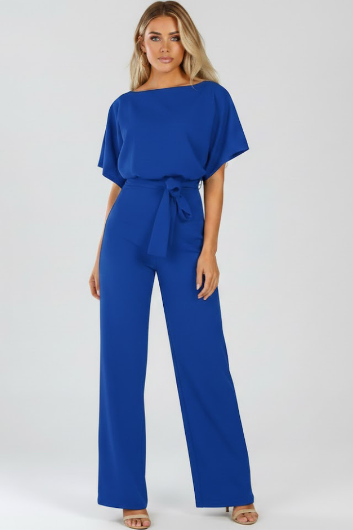 Women's black jumpsuit featuring short sleeves, a round neck, a stylish tie waist, and wide legs, perfect for casual or dressy occasions. 3