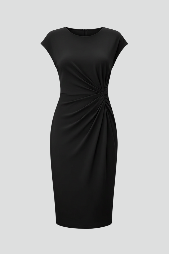 Women's knee-length black summer dress featuring a ruched waist and cap sleeves, available in plus sizes XS-3XL. 1