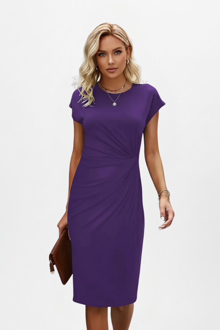 Women's knee-length black summer dress featuring a ruched waist and cap sleeves, available in plus sizes XS-3XL. 7