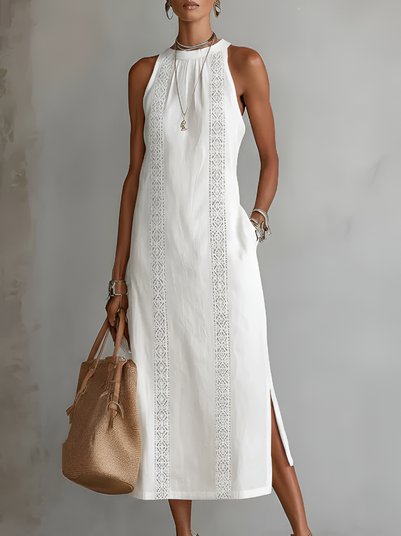 Women's linen midi dress featuring a stylish Mao collar, perfect for summer casual and elegant occasions, designed for breathability and comfort. 0