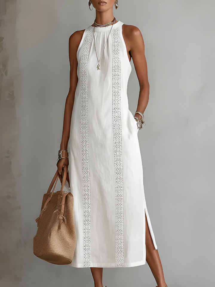 Women's linen midi dress featuring a stylish Mao collar, perfect for summer casual and elegant occasions, designed for breathability and comfort. 0