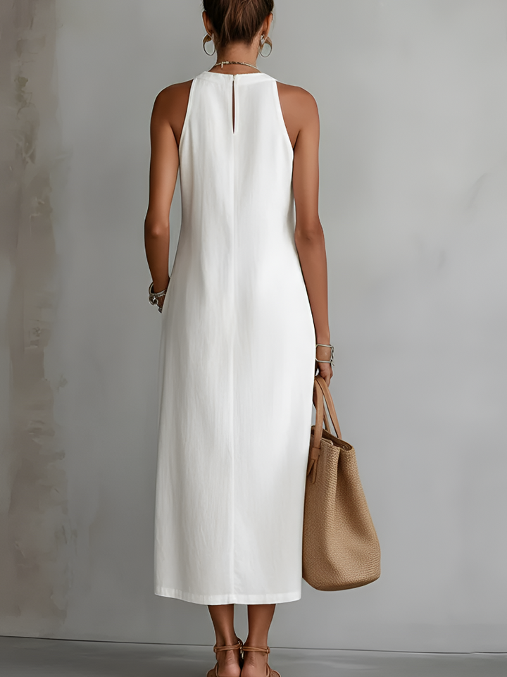 Women's linen midi dress featuring a stylish Mao collar, perfect for summer casual and elegant occasions, designed for breathability and comfort. 1