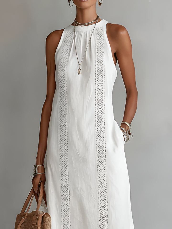 Women's linen midi dress featuring a stylish Mao collar, perfect for summer casual and elegant occasions, designed for breathability and comfort. 2