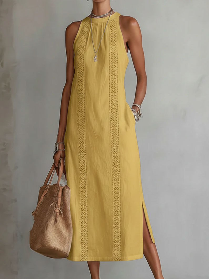 Women's linen midi dress featuring a stylish Mao collar, perfect for summer casual and elegant occasions, designed for breathability and comfort. 5