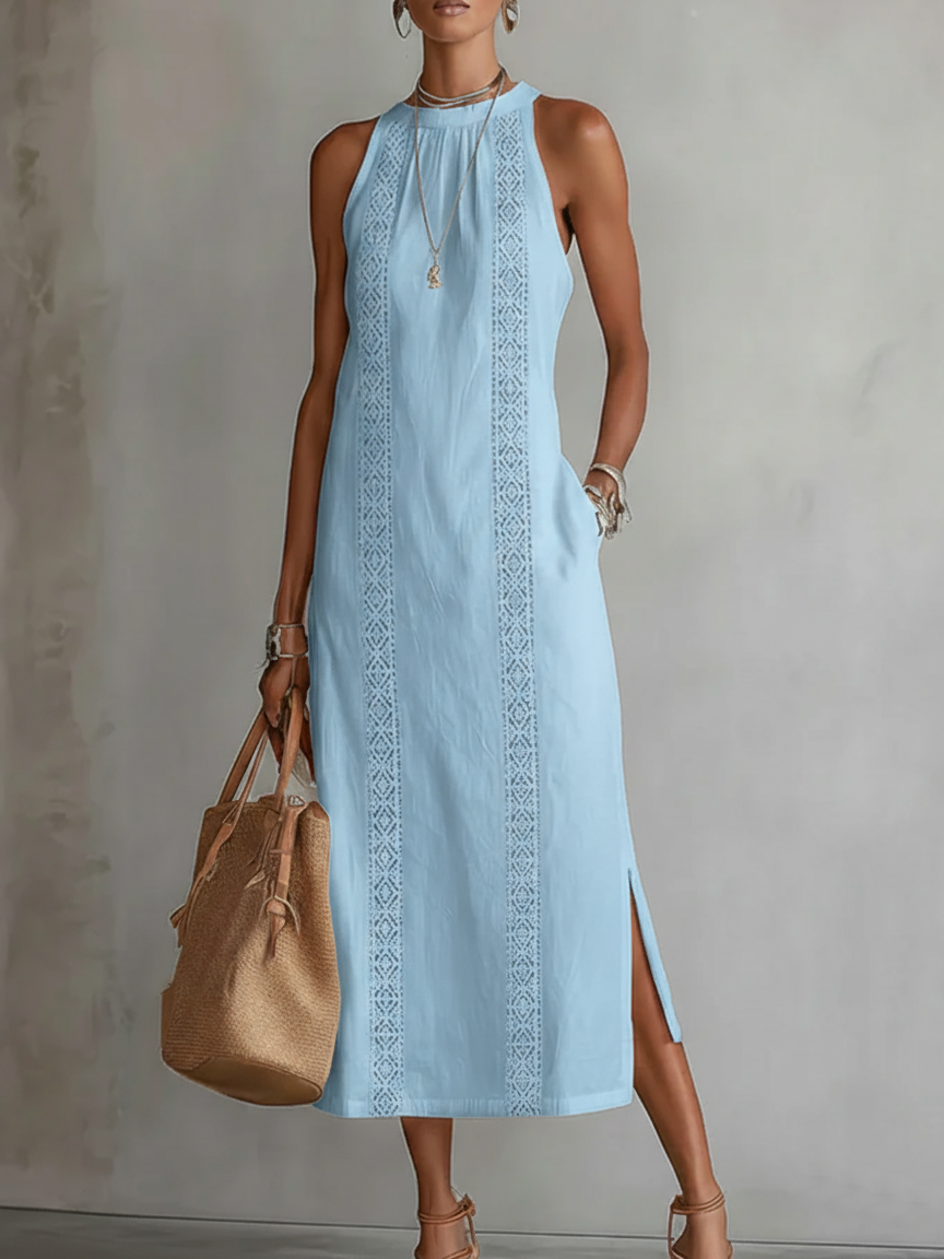 Women's linen midi dress featuring a stylish Mao collar, perfect for summer casual and elegant occasions, designed for breathability and comfort. 7