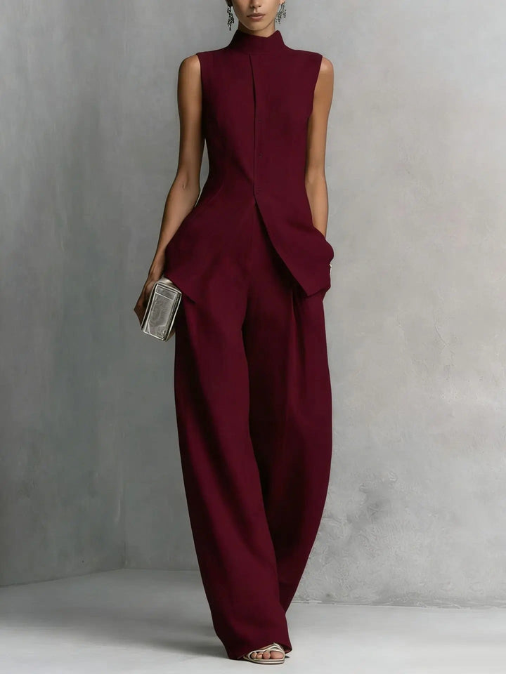 Women's linen two-piece set featuring a stylish stand-up collar top and wide-leg trousers, crafted from a breathable cotton-linen blend for ultimate comfort and summer 0