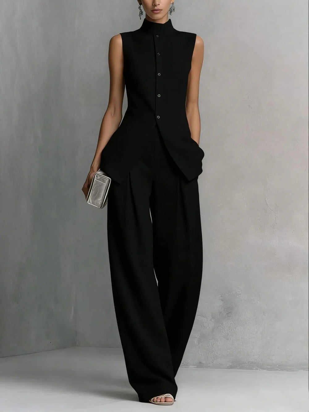 Women's linen two-piece set featuring a stylish stand-up collar top and wide-leg trousers, crafted from a breathable cotton-linen blend for ultimate comfort and summer 1