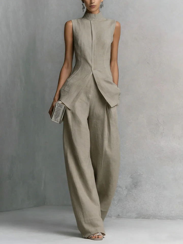 Women's linen two-piece set featuring a stylish stand-up collar top and wide-leg trousers, crafted from a breathable cotton-linen blend for ultimate comfort and summer 3