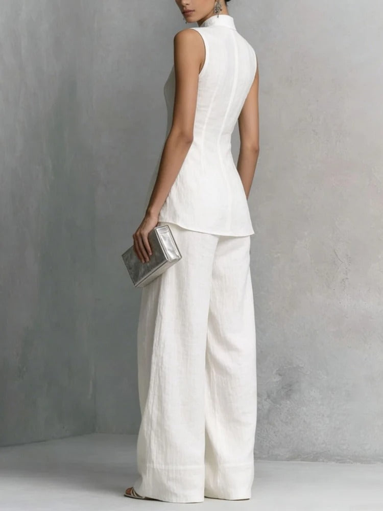 Women's linen two-piece set featuring a stylish stand-up collar top and wide-leg trousers, crafted from a breathable cotton-linen blend for ultimate comfort and summer 4