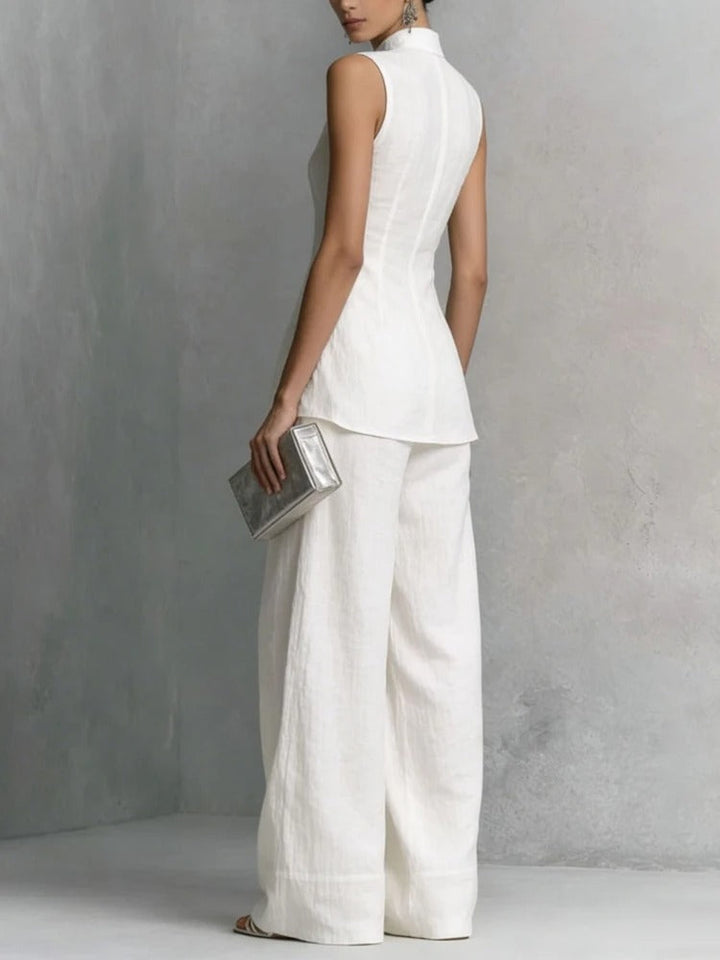 Women's linen two-piece set featuring a stylish stand-up collar top and wide-leg trousers, crafted from a breathable cotton-linen blend for ultimate comfort and summer 4