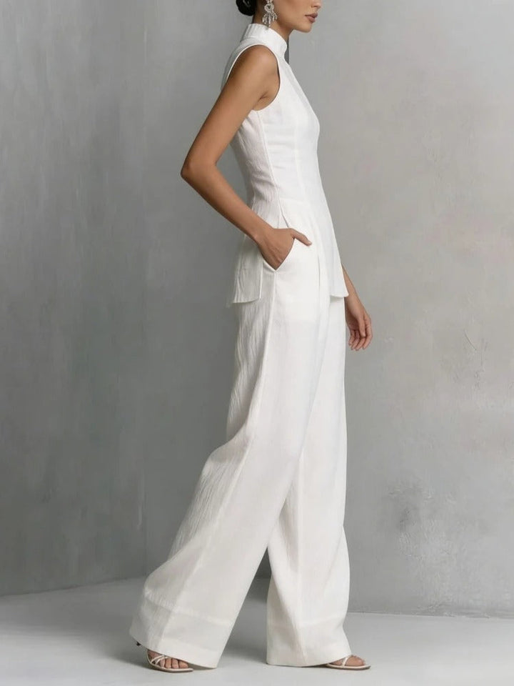 Women's linen two-piece set featuring a stylish stand-up collar top and wide-leg trousers, crafted from a breathable cotton-linen blend for ultimate comfort and summer 5