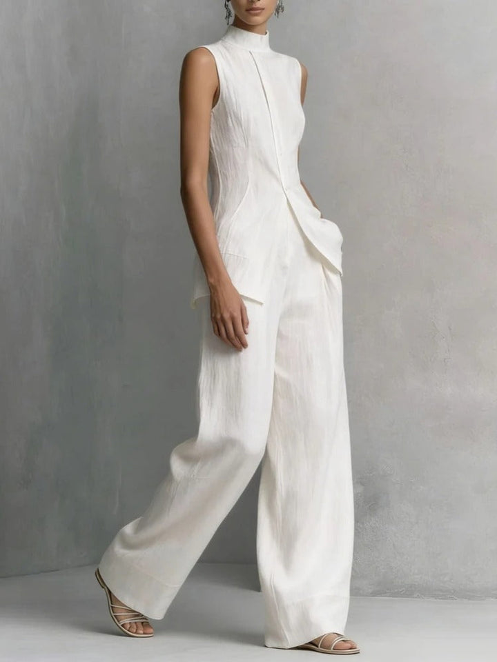 Women's linen two-piece set featuring a stylish stand-up collar top and wide-leg trousers, crafted from a breathable cotton-linen blend for ultimate comfort and summer 6