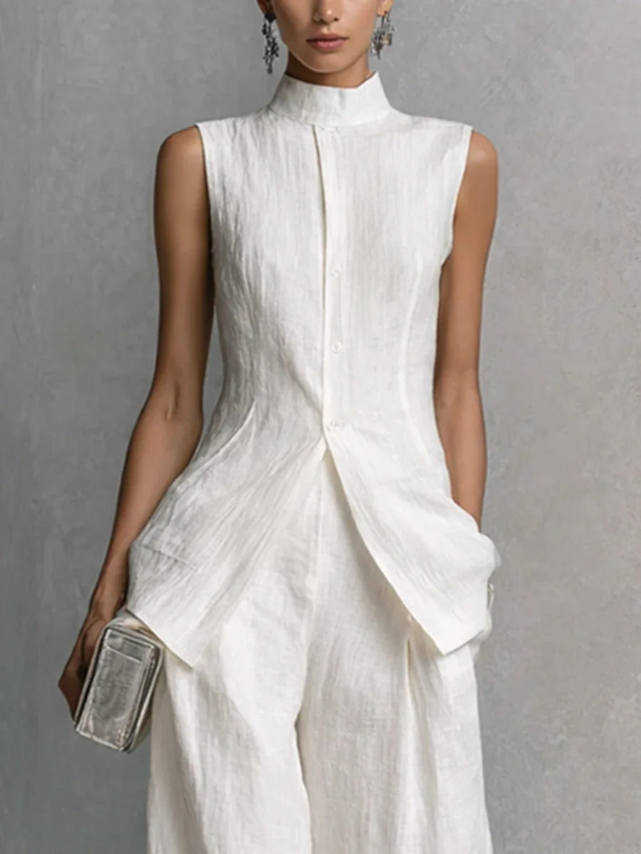 Women's linen two-piece set featuring a stylish stand-up collar top and wide-leg trousers, crafted from a breathable cotton-linen blend for ultimate comfort and summer 7