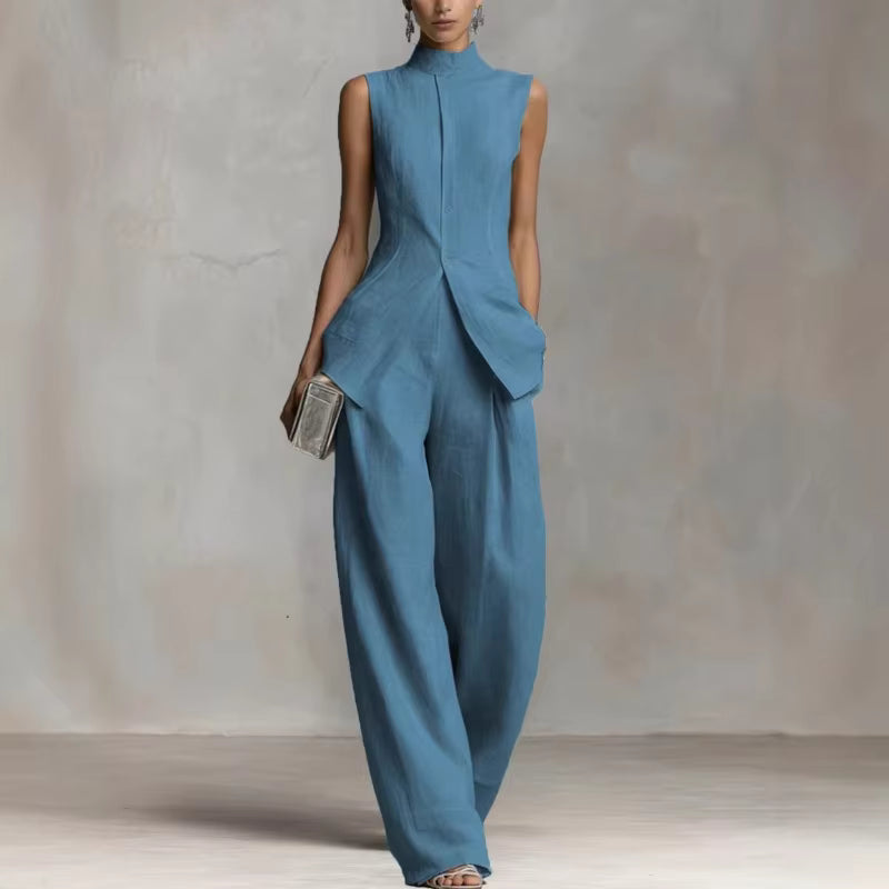 Women's linen two-piece set featuring a stylish stand-up collar top and wide-leg trousers, crafted from a breathable cotton-linen blend for ultimate comfort and summer 8