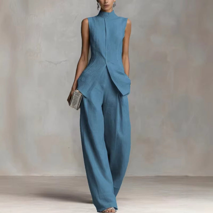 Women's linen two-piece set featuring a stylish stand-up collar top and wide-leg trousers, crafted from a breathable cotton-linen blend for ultimate comfort and summer 8