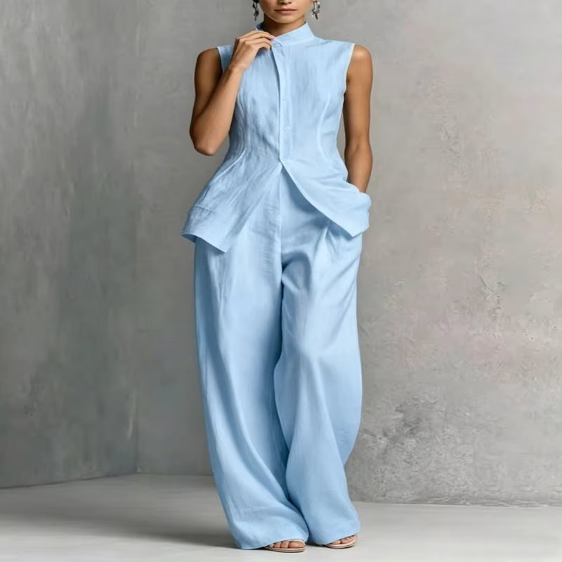 Women's linen two-piece set featuring a stylish stand-up collar top and wide-leg trousers, crafted from a breathable cotton-linen blend for ultimate comfort and summer 9
