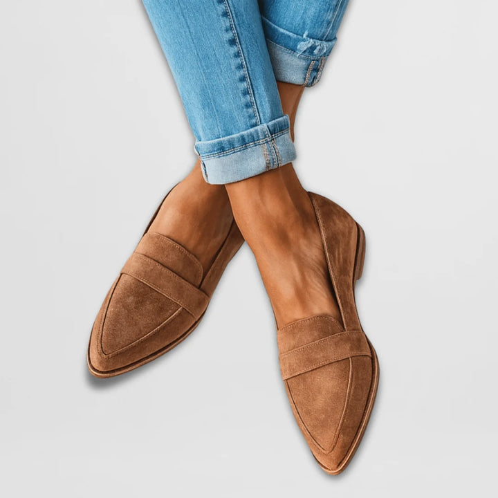 Women's suede loafers with a pointed design, featuring a chic and elegant look, perfect for autumn and winter outfits. 0