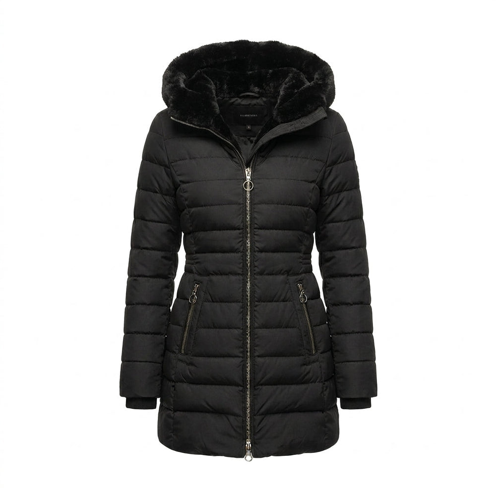 Women's Long Quilted Winter Coat with Adjustable Hood – Black Puffer Jacket for Cold Weather 1