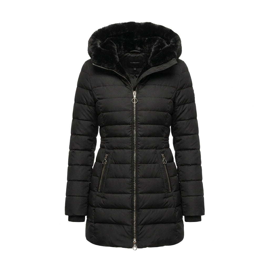 Women's Long Quilted Winter Coat with Adjustable Hood – Black Puffer Jacket for Cold Weather 1