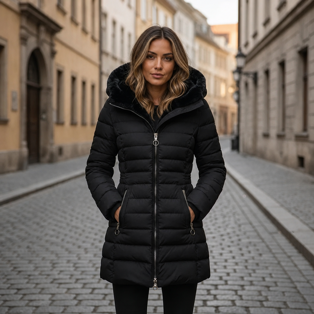 Women's Long Quilted Winter Coat with Adjustable Hood – Black Puffer Jacket for Cold Weather 3