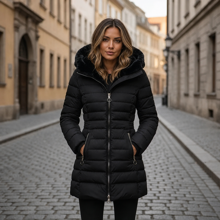 Women's Long Quilted Winter Coat with Adjustable Hood – Black Puffer Jacket for Cold Weather 3