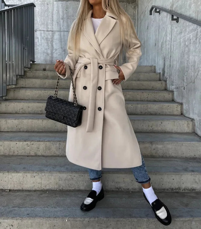 Women's Long Wool Coat with Double-Breasted Design – Elegant Structured Outerwear in Quality Wool 0